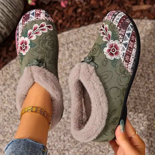 Isola - Blomstret plysforet slip-on-sko