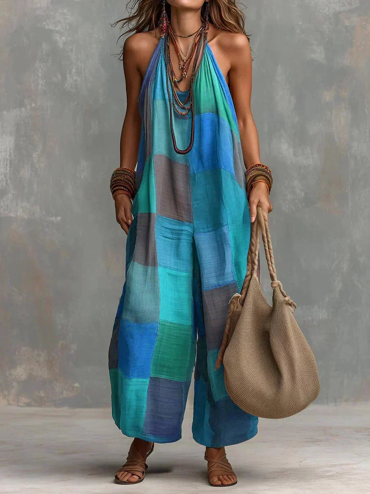 Estelina - Eksklusiv halterneck-buksedragt i patchwork