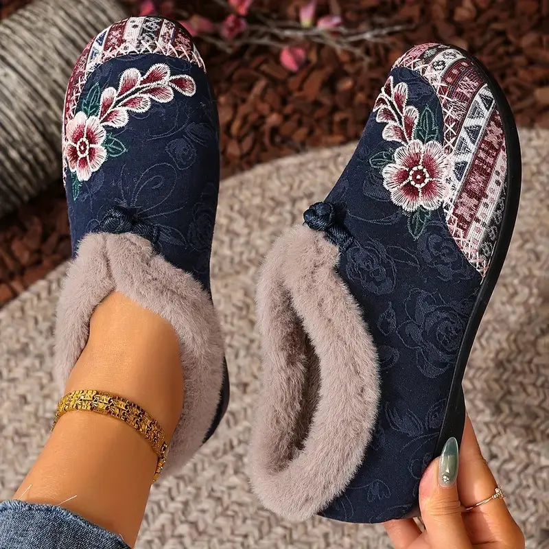 Isola - Blomstret plysforet slip-on-sko