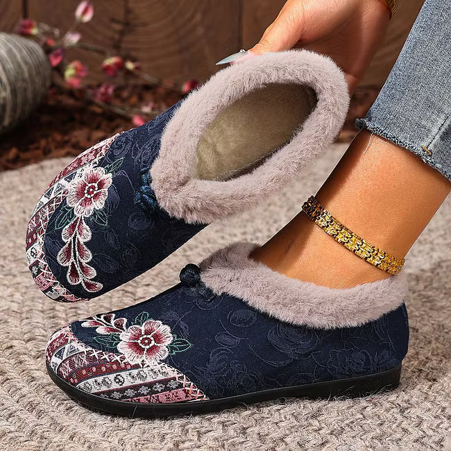 Isola - Blomstret plysforet slip-on-sko