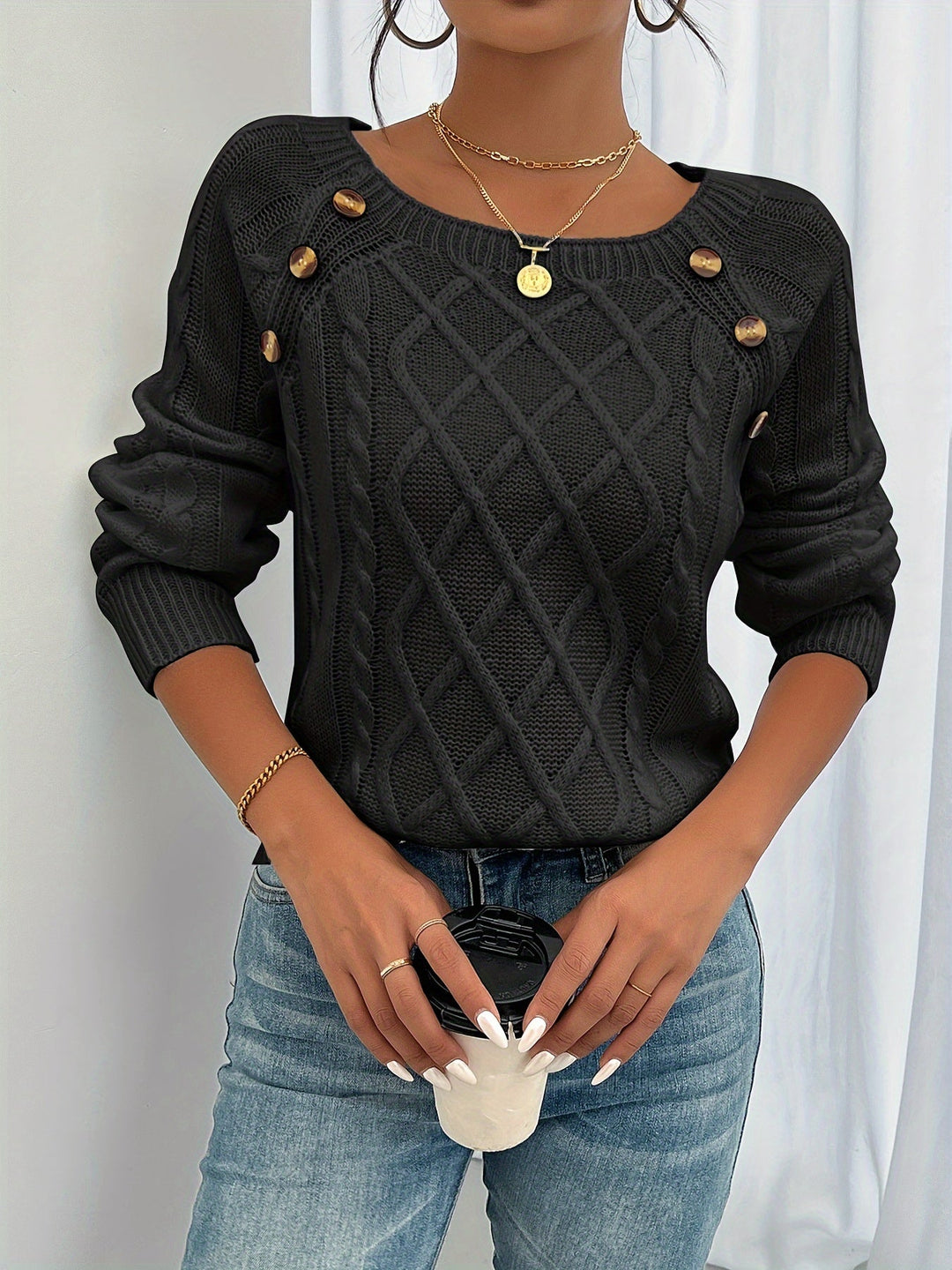 Rosabelle - Strukturstrikket sweater med knapper