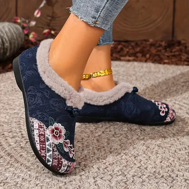 Isola - Blomstret plysforet slip-on-sko