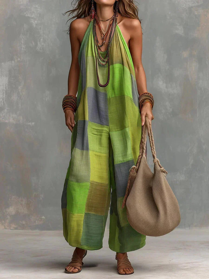 Estelina - Eksklusiv halterneck-buksedragt i patchwork