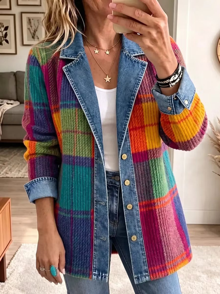 Sasha - Multifarvet ternet strikket denimjakke