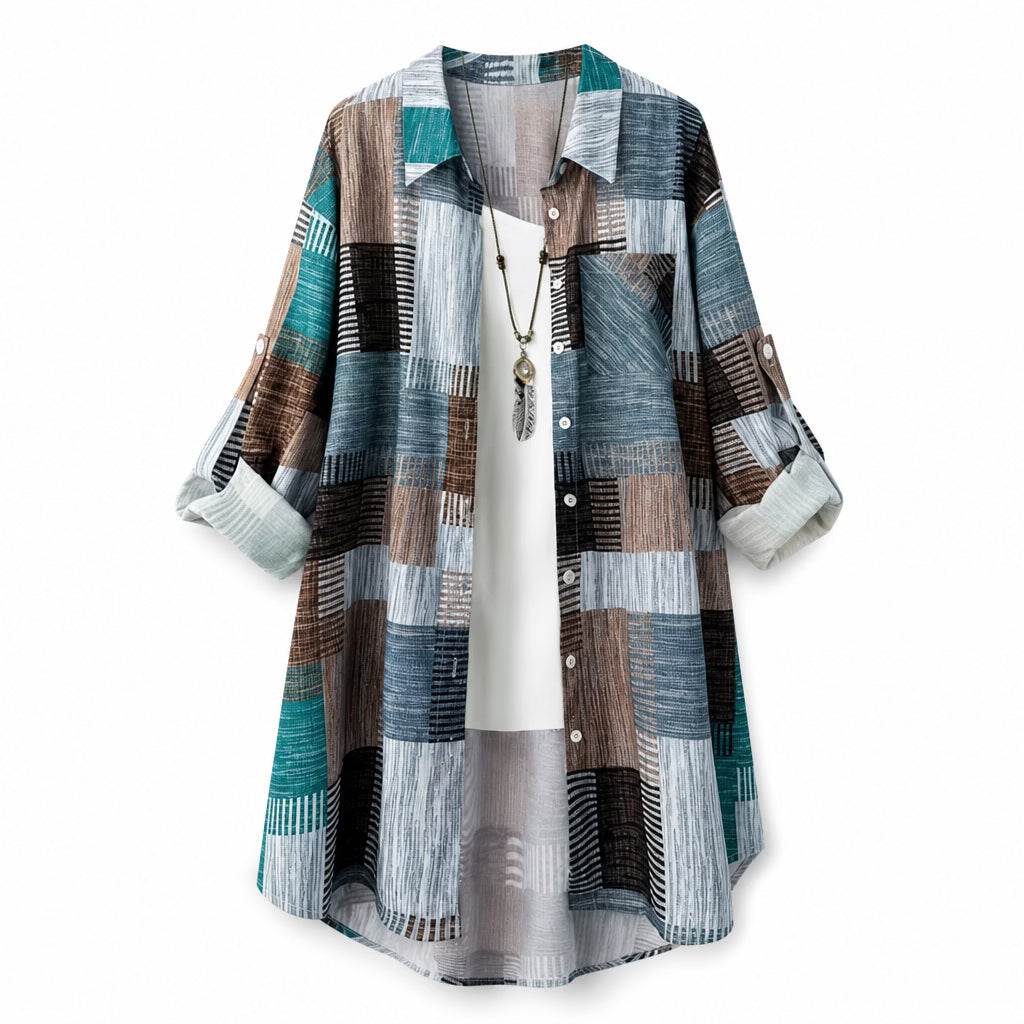 Nia - Longline skjortejakke med patchworkprint
