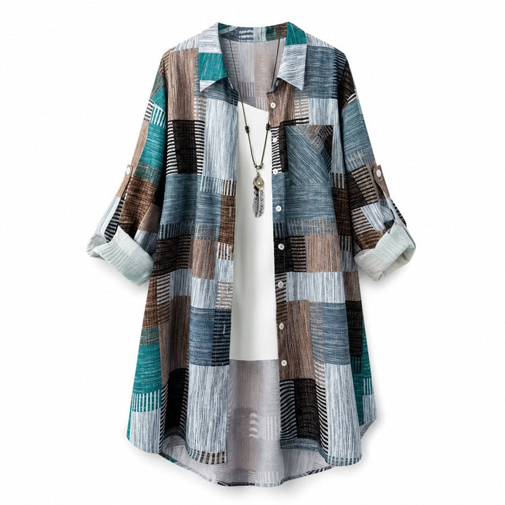Nia - Longline skjortejakke med patchworkprint