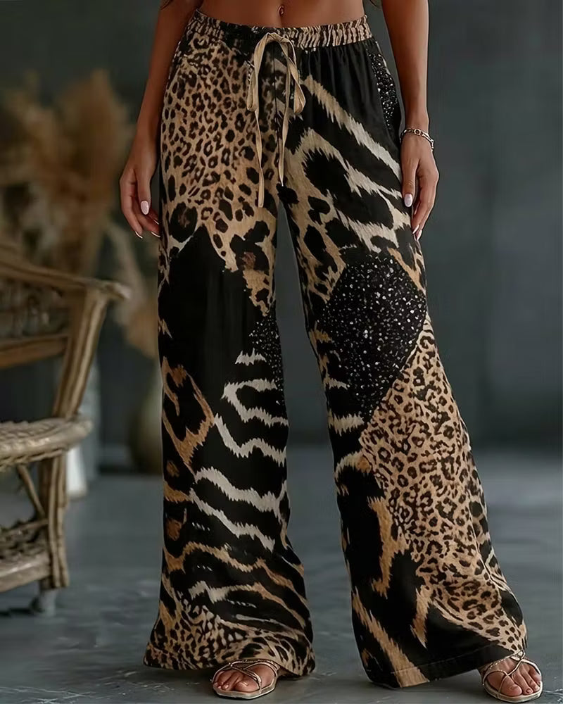 Elfrida - Bløde bredbenede bukser i leopardprint-patchwork