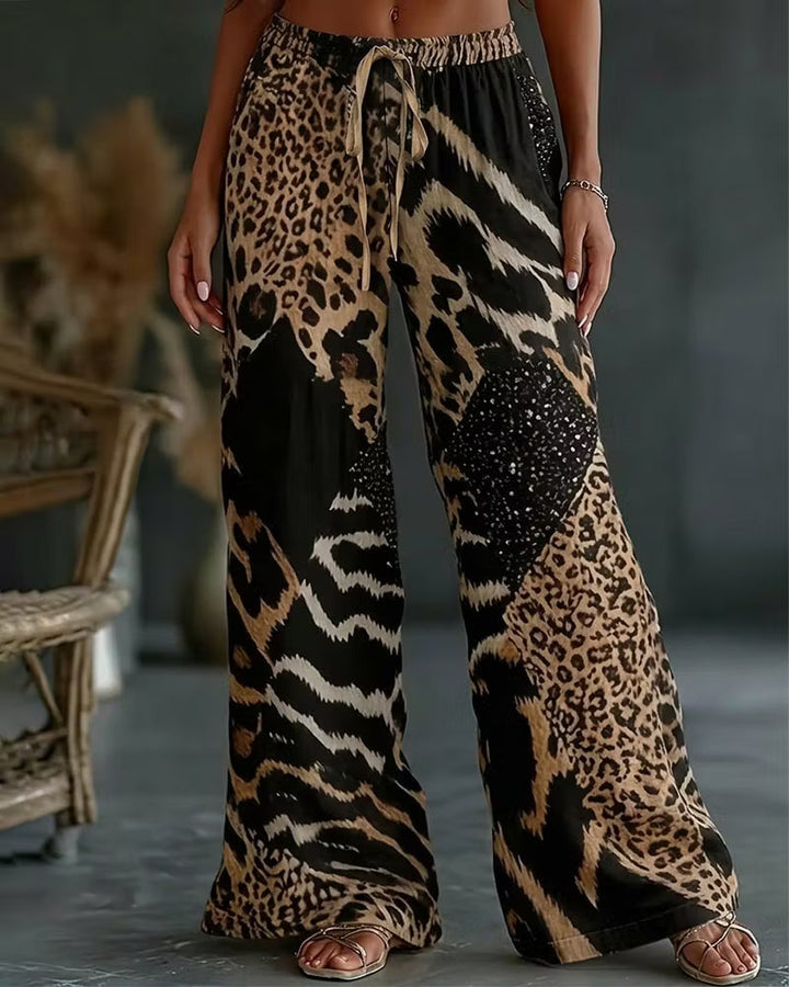 Elfrida - Bløde bredbenede bukser i leopardprint-patchwork