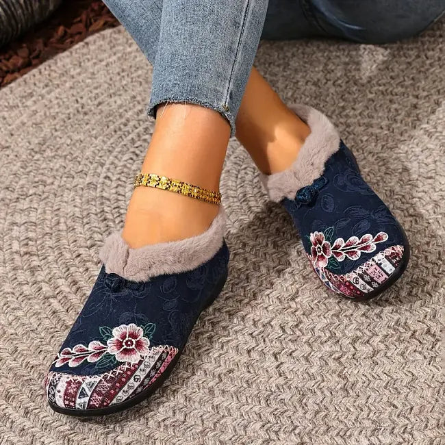 Isola - Blomstret plysforet slip-on-sko