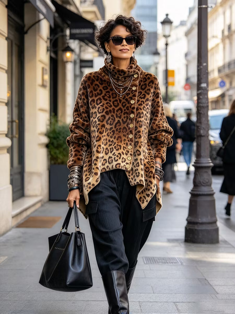 Caria - Blød leopardmønstret højhalset top