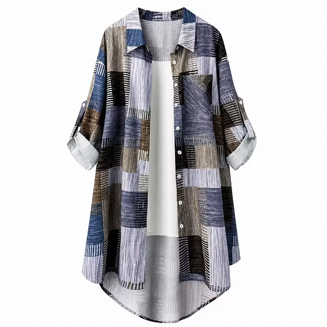 Nia - Longline skjortejakke med patchworkprint