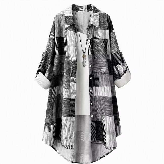 Nia - Longline skjortejakke med patchworkprint