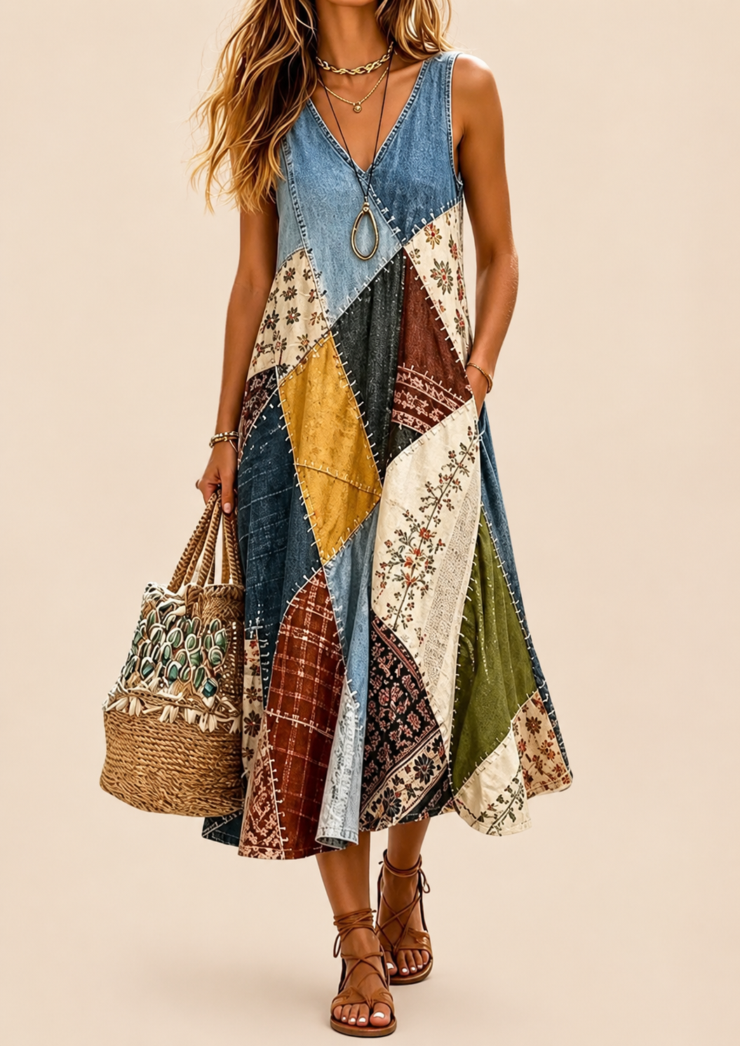 Arwyn - Letfaldende boheme patchwork-kjole