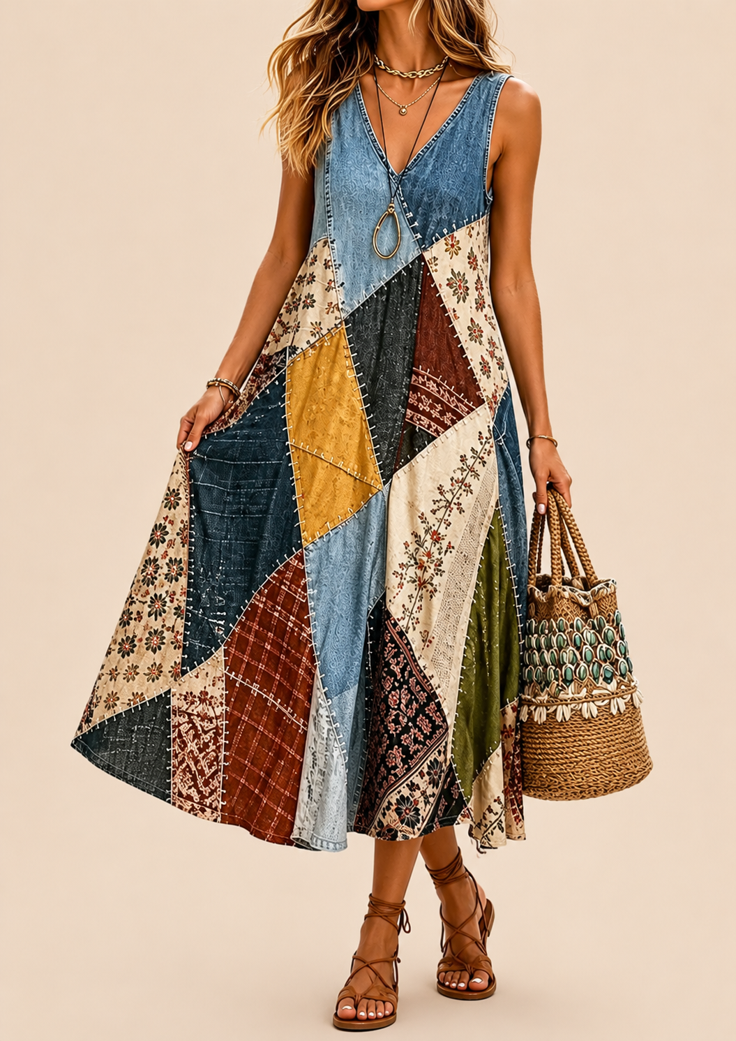 Arwyn - Letfaldende boheme patchwork-kjole