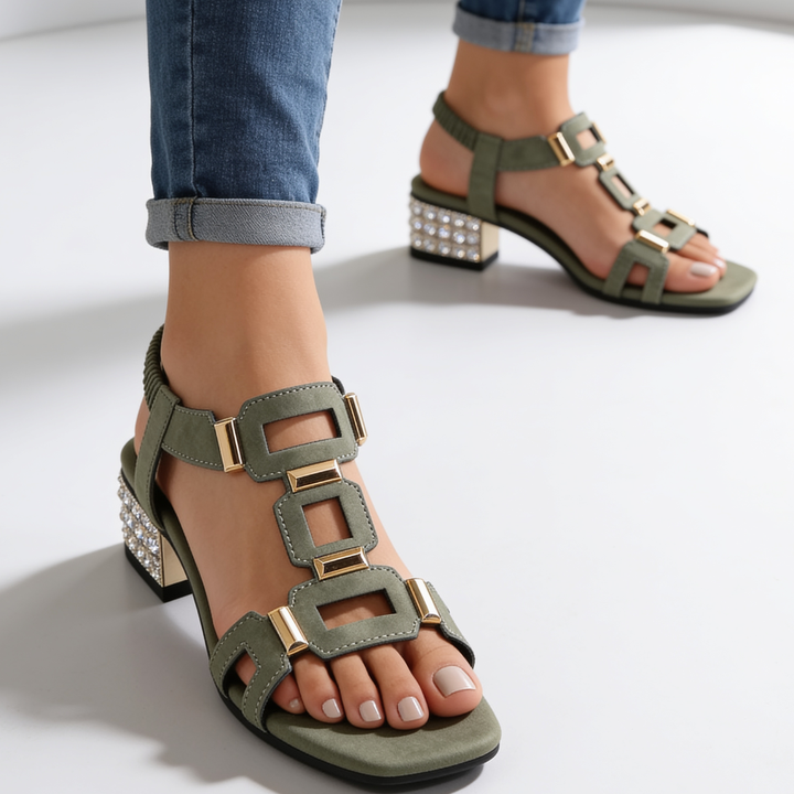 Marcella - Krystalbesatte slingback-sandaler med blokhæl