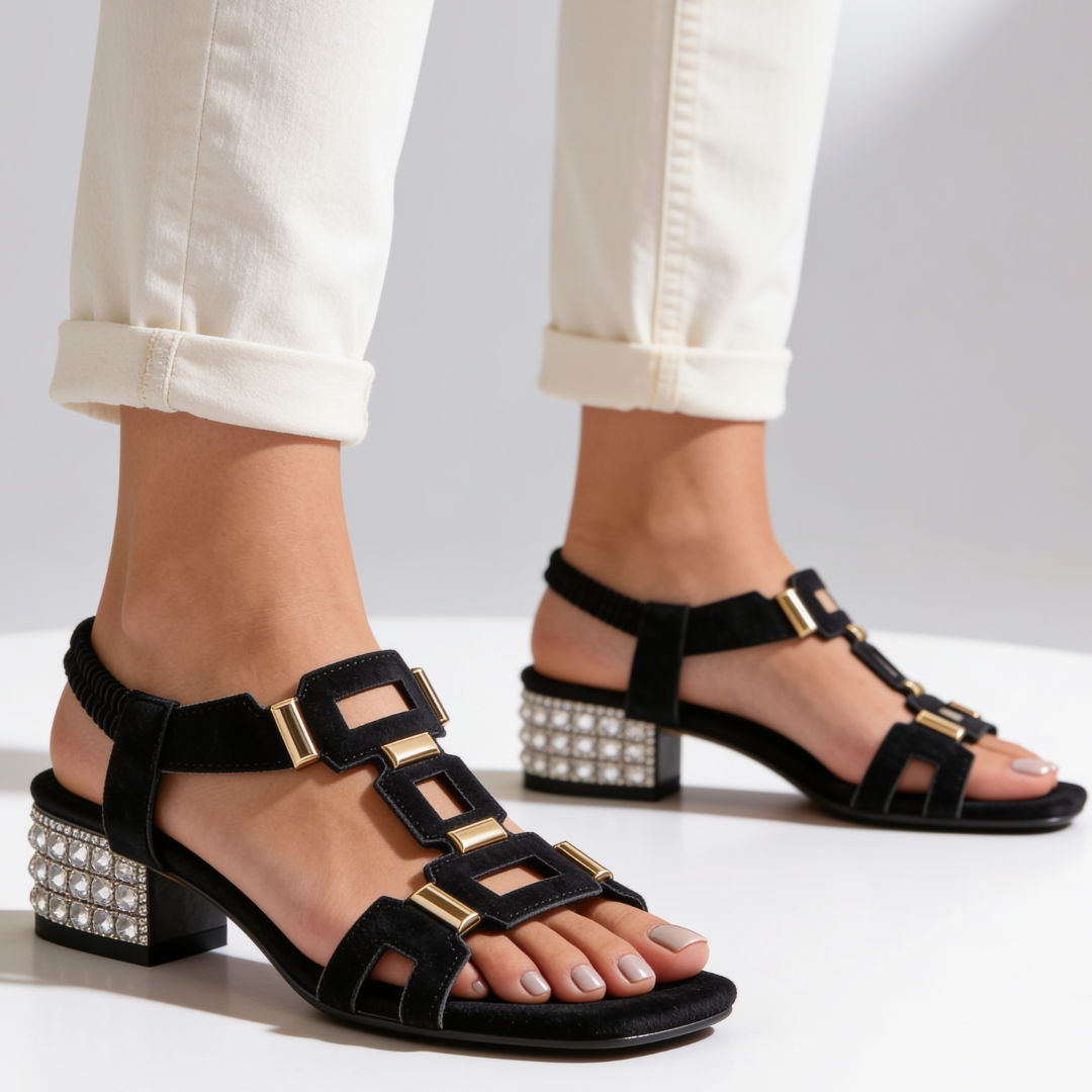 Marcella - Krystalbesatte slingback-sandaler med blokhæl
