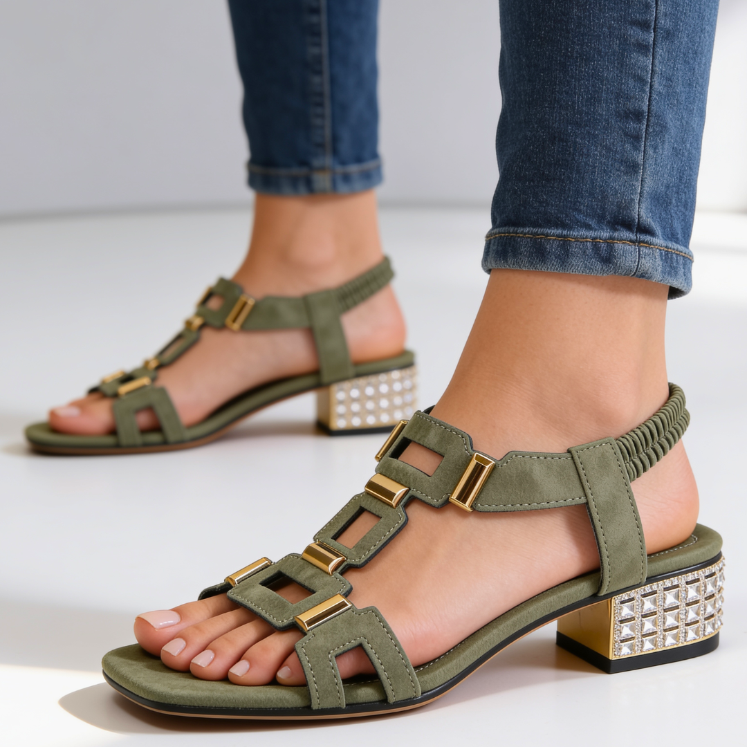 Marcella - Krystalbesatte slingback-sandaler med blokhæl