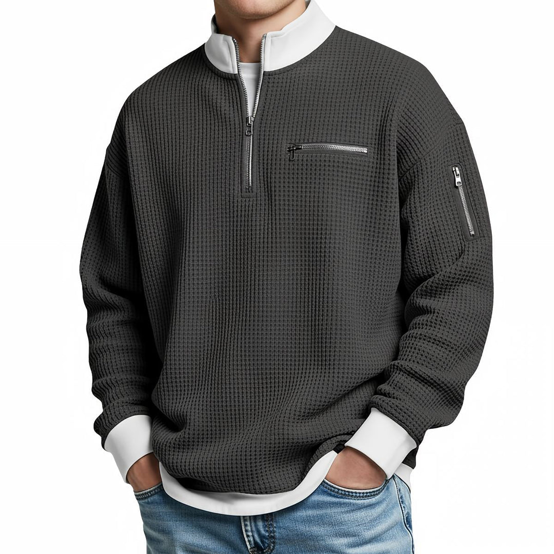 Brice - 1/4-zip striktrøje i struktureret vaffelstrik