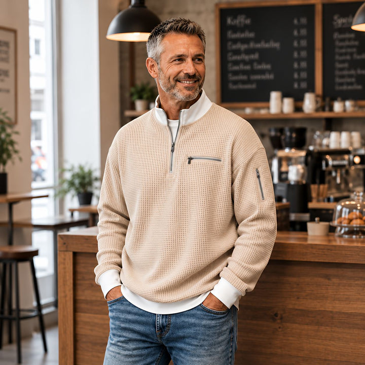 Brice - 1/4-zip striktrøje i struktureret vaffelstrik