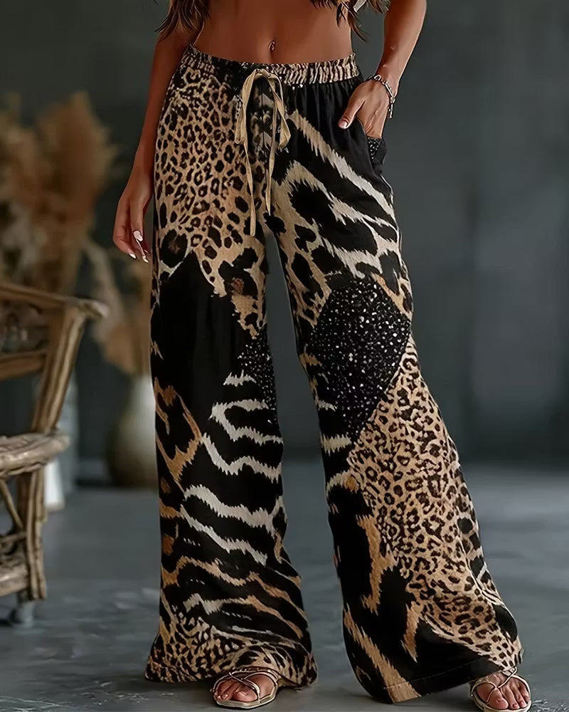 Elfrida - Bløde bredbenede bukser i leopardprint-patchwork