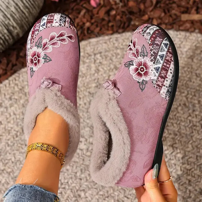 Isola - Blomstret plysforet slip-on-sko