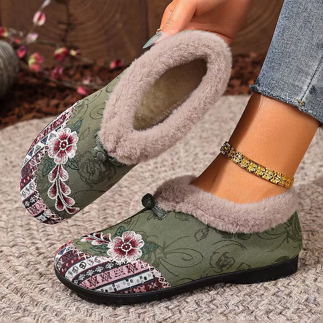 Isola - Blomstret plysforet slip-on-sko