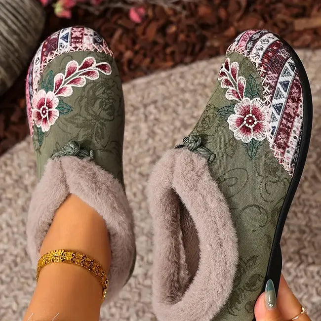 Isola - Blomstret plysforet slip-on-sko
