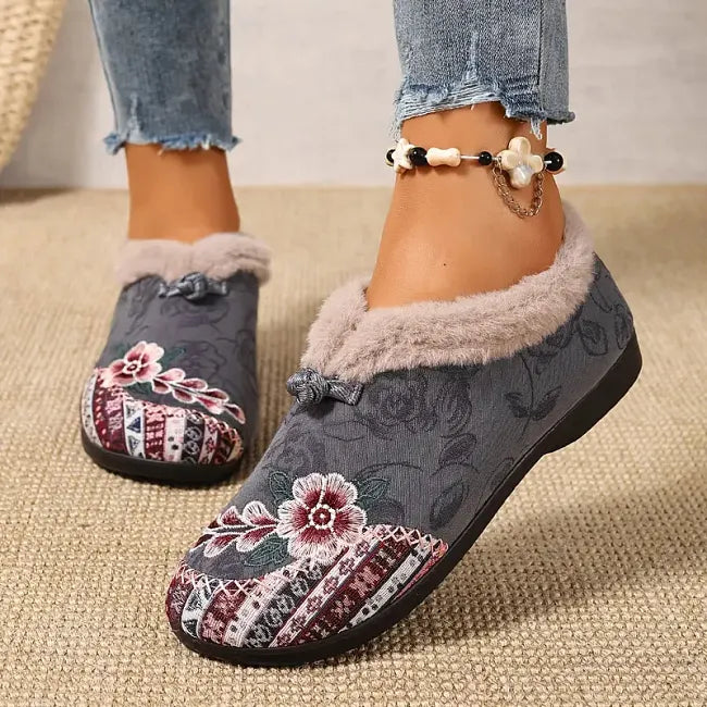 Isola - Blomstret plysforet slip-on-sko