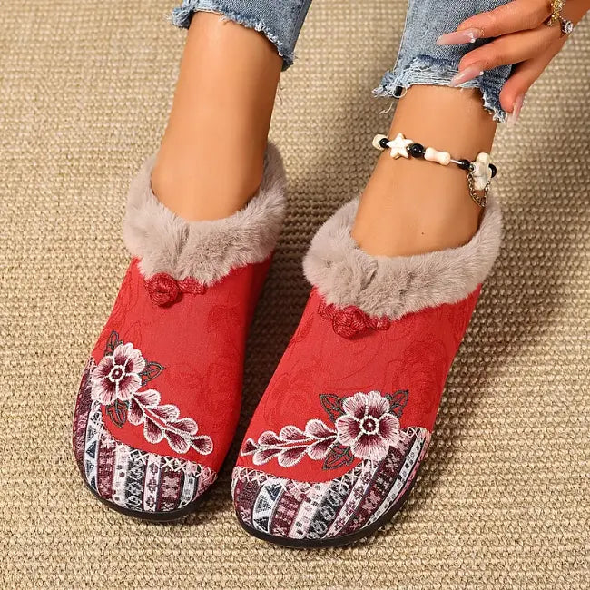 Isola - Blomstret plysforet slip-on-sko