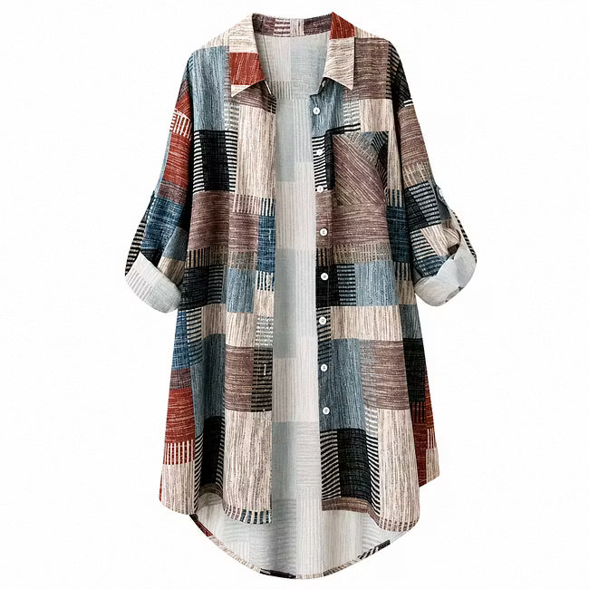 Nia - Longline skjortejakke med patchworkprint