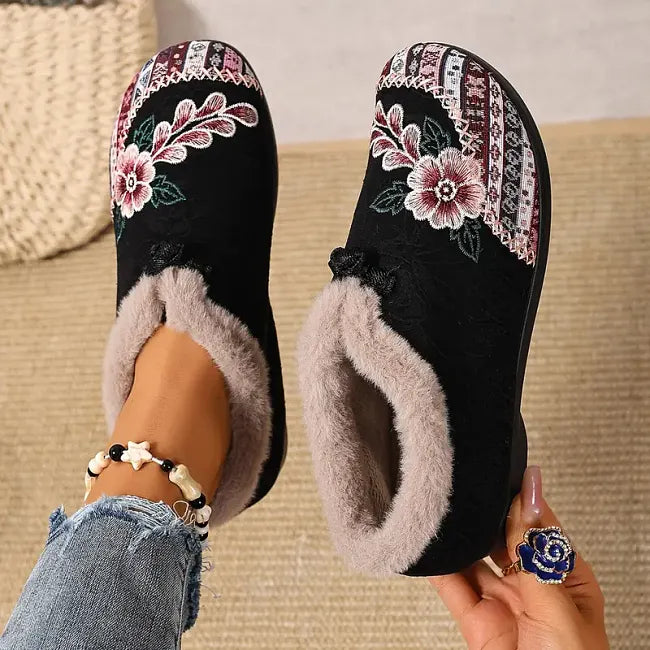 Isola - Blomstret plysforet slip-on-sko