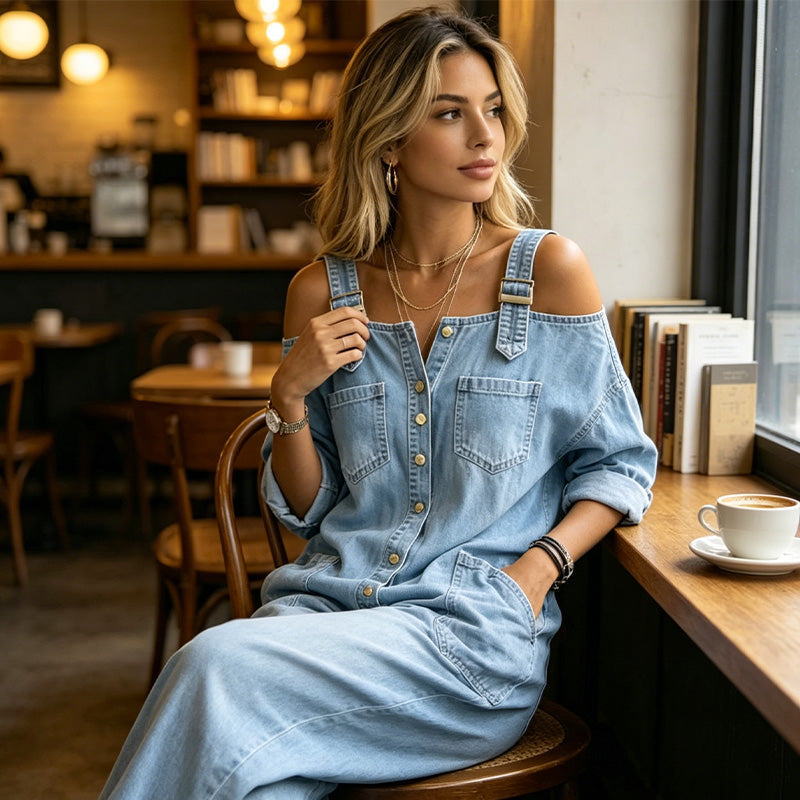 Neralyn - Vasket denim buksedragt med lommer