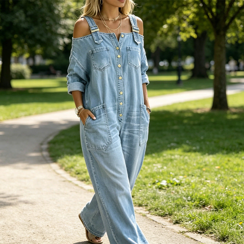 Neralyn - Vasket denim buksedragt med lommer