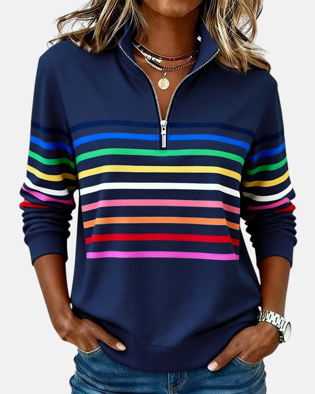 Corinelle - Stribet half-zip sweatshirt i soft touch